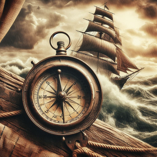 Imagem vintage de uma bússola com uma caravela em mar revolto ao fundo