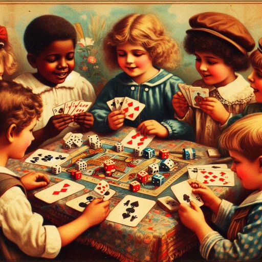 uma imagem vintage com crianças multiraciais jogando baralho e dados.png uma imagem vintage com crianças multiraciais jogando baralho e dados.png