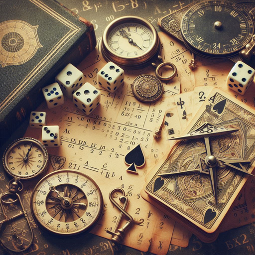 Imagem vintage de uma mesa com baralho e dados e bússolas
