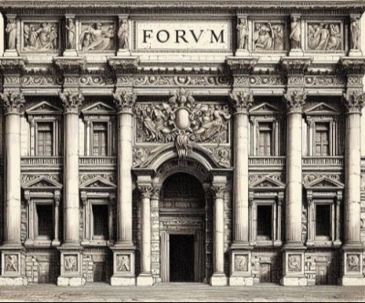 uma imagem vintage de uma fachada romana escrito FORVM.png