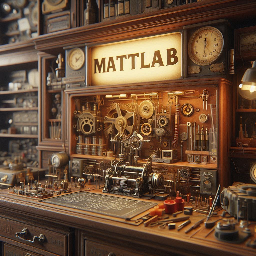 uma imagem de um laboratório de mecânica e eletrônica vintage ultrarealista com a placa escrito MattLAB em letras romanas.png