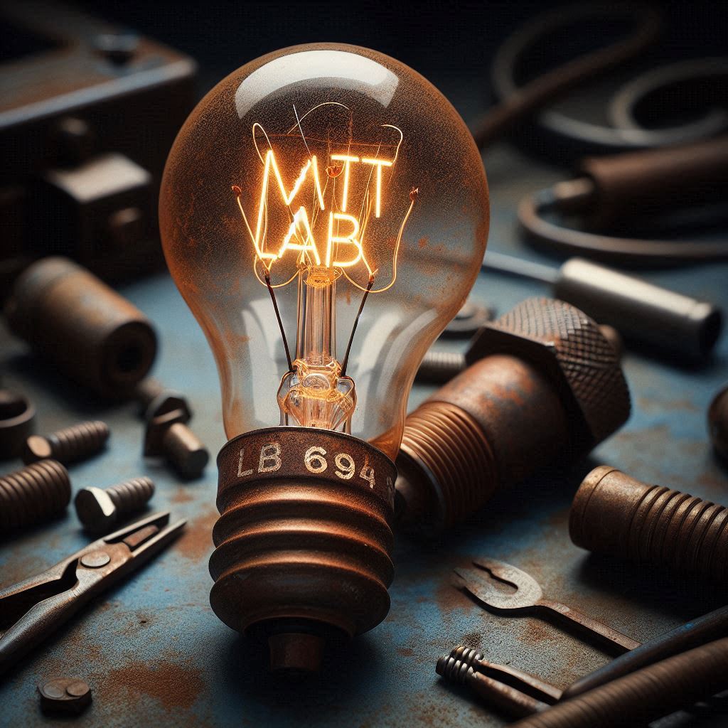 Imagem vintage de uma lâmpada com filamento escrito MATT LAB