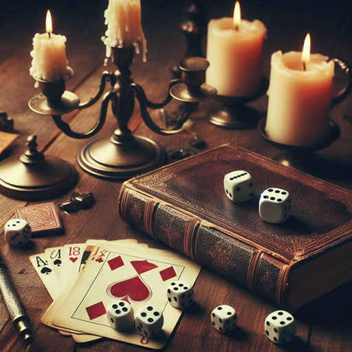 Imagem vintage de dados e baralho de cartas com um candelabro